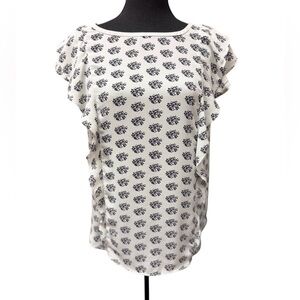 LOFT Floral Print Ruffle Front& Sleeve Black & white CottageCore Top Size M